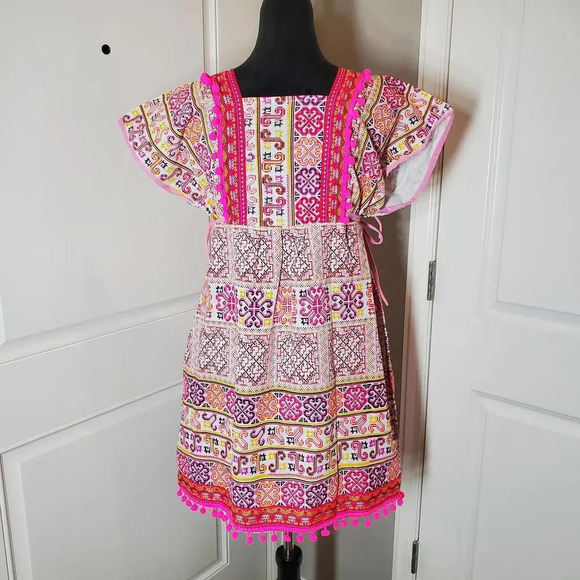 Pink Boho Thai Dress One Size Midi Tie Sides Embroidered Multi Color - Picture 4 of 16